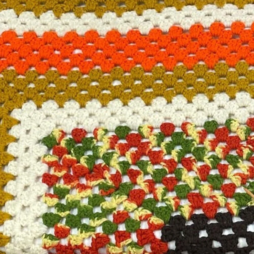 Handmade Vintage Crochet Granny Square Stripe Blanket Acrylic Yarn Afghan Throw